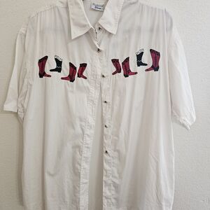White Shirt with Red and Black Boot Design